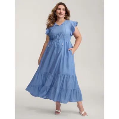 Bloomchic Women's Plus Size Flutter Sleeve Flowy Waist Drawstring Maxi Dress Cerulean Non Maxi Elegant 22-24/3 In Blue
