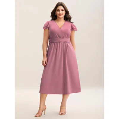 Bloomchic Women's Plus Size Flutter Sleeve Lace Stretchy Waist Midi Dress Dustypink Non Midi Elegant Woven Rib In Pink
