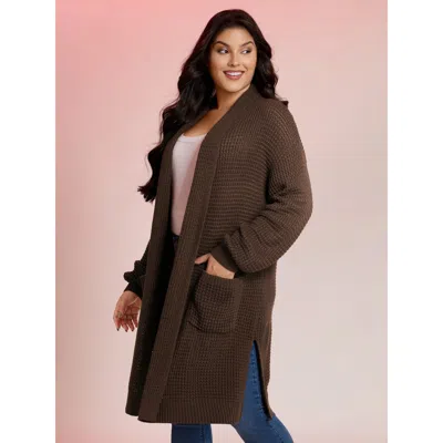 Bloomchic Women's Plus Size Folded Collar Pockets Slit Knit Cardigan Darkbrown Long Sleeve 22-24/3x In Brown