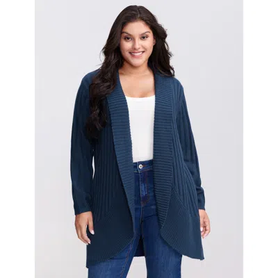 Bloomchic Women's Plus Size Folded Collar Ribbed Curvy Knit Cardigan Aegean Long Sleeve 12/l In Blue