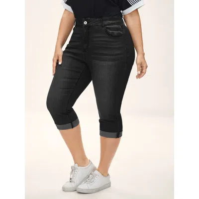 Bloomchic Women's Plus Size Folded Hem High-rise Skinny-fit Capri Jeans Denimblack Not Graphics Non Skinny Fit In Black