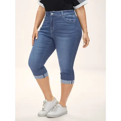 Bloomchic Women's Plus Size Folded Hem High-rise Skinny-fit Capri Jeans Denimlightblue Not Graphics Non Skinny