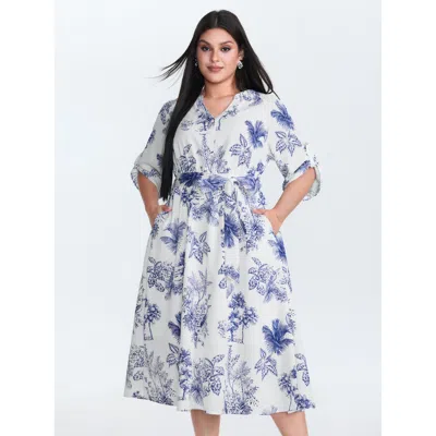 Bloomchic Women's Plus Size Forest Print Belted Folded Sleeve Midi Dress Skyblue Landscape Pattern Midi Office In Blue