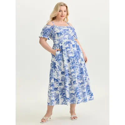 Bloomchic Women's Plus Size Forest Print Cold-shoulder Flowy Maxi Dress Skyblue Animal Motif Maxi Elegant Cold In Blue