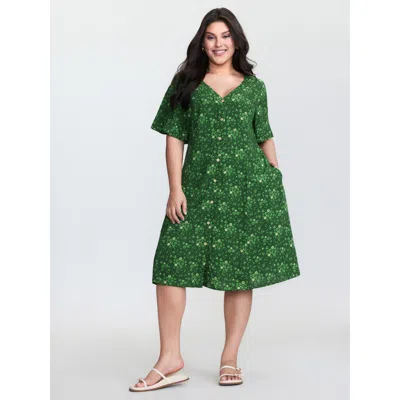 Bloomchic Women's Plus Size Four Leaf Clover Print Button Mini Dress Truegreen Floral Knee Casual Gathered 18-