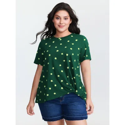 Bloomchic Women's Plus Size Four Leaf Clover Print Knotted Side T-shirt Darkgreen Ditsy Floral Casual Short Sl In Green