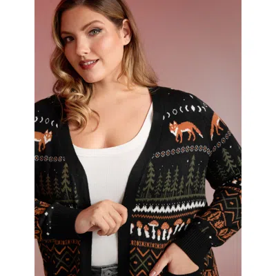 Bloomchic Women's Plus Size Fox In Forest Contrast Knit Cardigan Black Long Sleeve V-neck 12/l