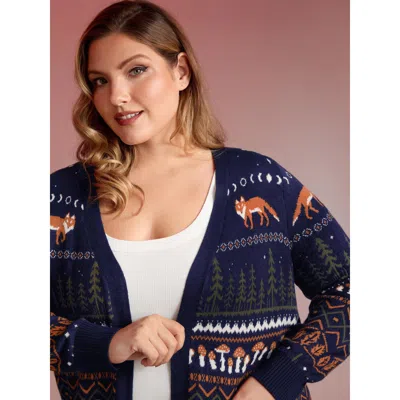 Bloomchic Women's Plus Size Fox In Forest Contrast Knit Cardigan Indigo Long Sleeve V-neck 10/m In Purple