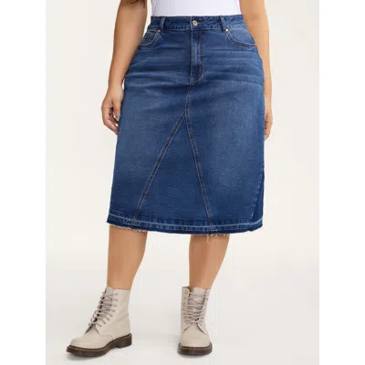 Bloomchic Women's Plus Size Frayed No Slit Seamed Shadow Wash Denim Skirt Denimindigo Colorblock Casual Medium