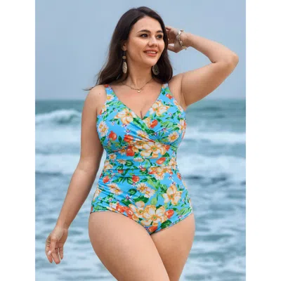 Bloomchic Women's Plus Size Fresh Fruit Print Embroidered Edge One-piece Swimsuit Skyblue Fruit And Vegetable  In Blue
