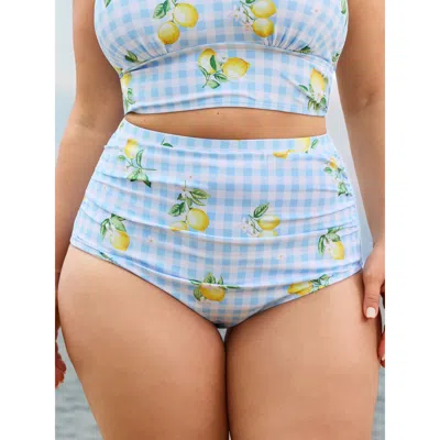 Bloomchic Women's Plus Size Fresh Lemon Print High Waisted Swim Bottoms Lightblue Fruit Cropped Non Elastic Wa In Blue