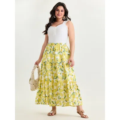 Bloomchic Women's Plus Size Fresh Lemon Print Maxi Skirt Originalwhite Non Non Vacation 12/l