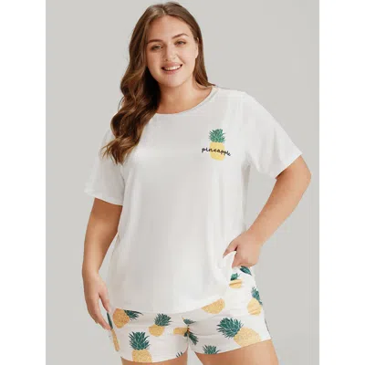 Bloomchic Women's Plus Size Fresh Pineapple Round Neck Pajama Top White Natural Flowers 10/m