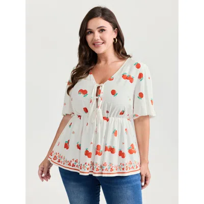 Bloomchic Women's Plus Size Fresh Tomato Print Triple Tie Front Blouse Whitesmoke Fruit And Vegetable Print El