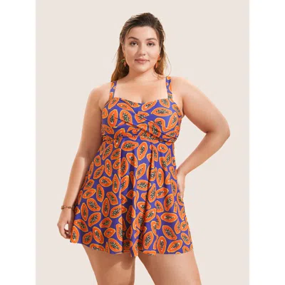 Bloomchic Women's Plus Size Fruit & Vegetable Print Crossover Cami Swim Dress Purple Fruit And Vegetable Print