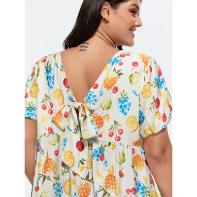 Bloomchic Women's Plus Size Fruit Print Bowknot Pleated Neckline Blouse Whitesmoke Fruit Casual Short Sleeve R