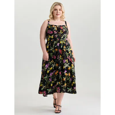Bloomchic Women's Plus Size Fruit Print Bust-friendly Drawstring Midi Dress Black Fruit And Vegetable Print Mi