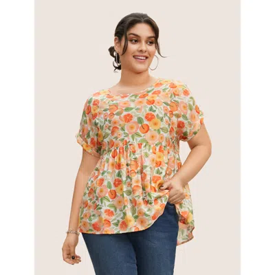 Bloomchic Women's Plus Size Fruit Print Curved Hem Batwing Sleeve Blouse Salmon Illustration Casual Short Slee In Pink