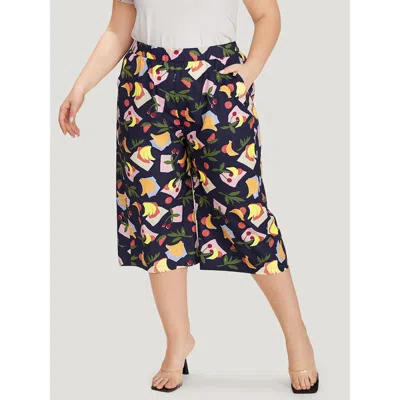 Bloomchic Women's Plus Size Fruit Print Slant Pocket Elastic Waist Pants Multicolor High Rise Dailywear 10/m