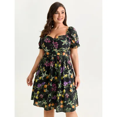 Bloomchic Women's Plus Size Fruit Print Sweetheart Neckline Mini Dress Pureblack Ditsy Floral Midi Elegant Smo