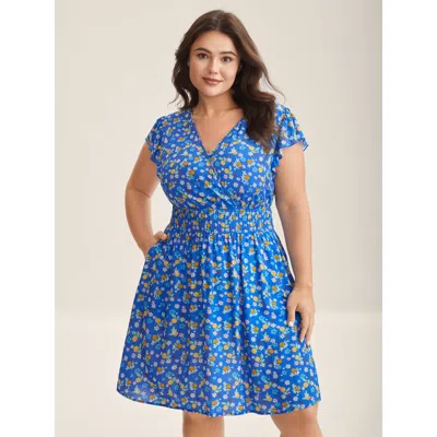 Bloomchic Women's Plus Size Fruity Floral Stretchy Waist Mini Dress Skyblue Ditsy Floral Mini Casual Smocked 2 In Blue