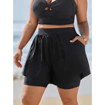 Bloomchic Women's Plus Size Full-hip Coverage Pockets Spliced Swim Shorts Black Non Short Fully Elasticated Wa