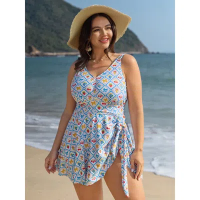 Bloomchic Women's Plus Size Fun Fruit Print Knotted Hem Swim Dress Multicolor Fruit And Vegetable Print Tie Kn