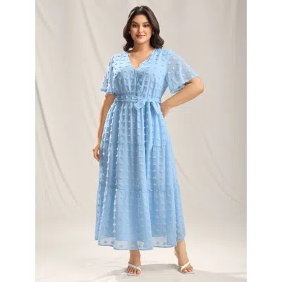 Bloomchic Women's Plus Size Fur Ball Textured Mesh Belted Midi Dress Skyblue Synthetic Texture Maxi Elegant 10 In Blue