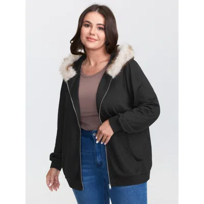 Bloomchic Women's Plus Size Fur Collar Stretchy Zipper Jacket Black Non Cocoon 10/m