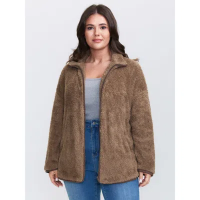 Bloomchic Women's Plus Size Furry Textured Color Contrast Pockets Coat Browncoffeecolor Texture H-line 10/m