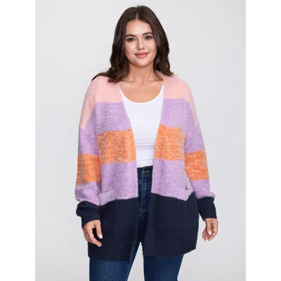 Bloomchic Women's Plus Size Furry Textured Colorblock Knit Cardigan Lilac Long Sleeve 10/m In Purple