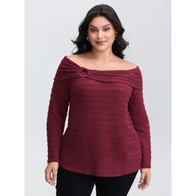 Bloomchic Women's Plus Size Furry Textured Off-shoulder Knit Top Burgundy Extra Long Sleeve Elegant 10/m