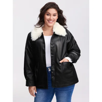 Bloomchic Women's Plus Size Fuzzy Collar Button-front Quilted Jacket Black H-line 10/m