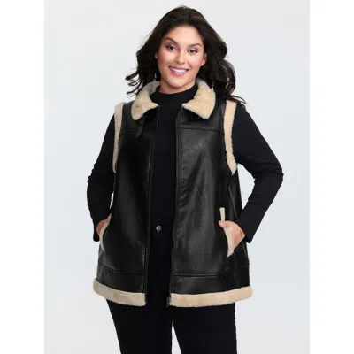 Bloomchic Women's Plus Size Fuzzy Edges Color Contrast Vest Black Colorblock 10/m