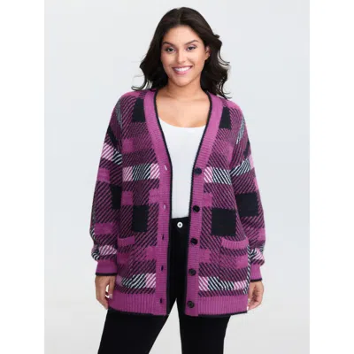 Bloomchic Women's Plus Size Fuzzy Plaid Pattern Button Knit Cardigan Redviolet Long Sleeve 14-16/1x