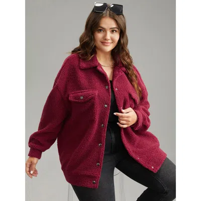Bloomchic Women's Plus Size Fuzzy Solid Flap Pocket Button Fly Coat Russet Texture 10/m In Brown