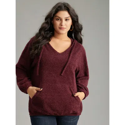 Bloomchic Women's Plus Size Fuzzy Solid Hooded Pocket Ties Sweatshirt Burgundy Plain Dailywear 10/m