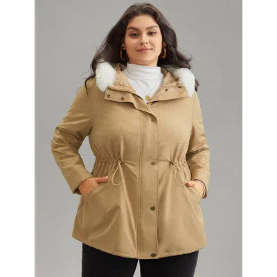 Bloomchic Women's Plus Size Fuzzy Trim Drawstring Pocket Cotton Jackets Tan Arc Hem 10/m In Brown