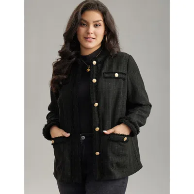 Bloomchic Women's Plus Size Fuzzy Trim Pocket Metal Button Fly Jacket Black Plain 22-24/3x