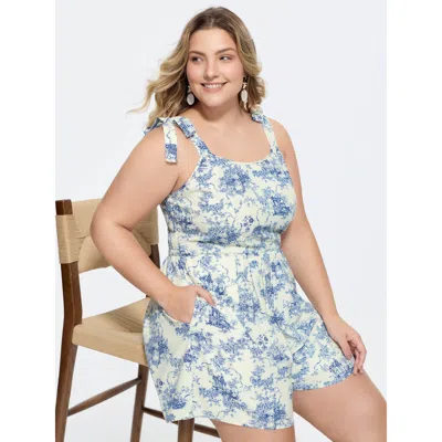 Bloomchic Women's Plus Size Garden Print Adjustable Shoulder-tie Romper Indigo Vacation 10/m In Purple