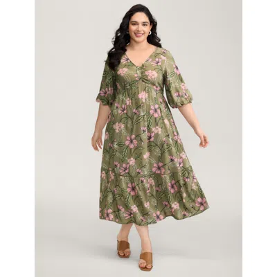 Bloomchic Women's Plus Size Garden Print Ruched V-neck Maxi Dress Moss Floral Maxi Elegant Gathered 12/l In Green