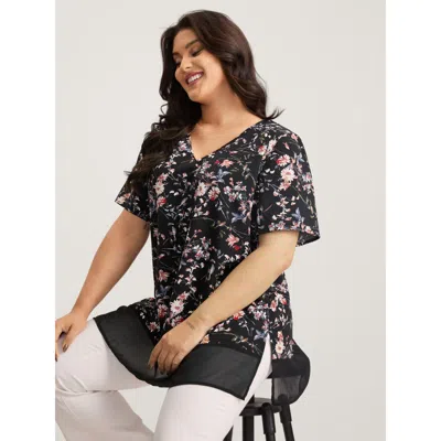Bloomchic Women's Plus Size Garden Print Spliced V-neck Blouse Black Floral Elegant Short Sleeve V-neck 10/m