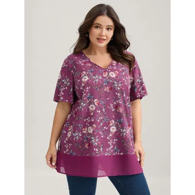 Bloomchic Women's Plus Size Garden Print Spliced V-neck Blouse Deeppurplered Floral Elegant Short Sleeve V-nec
