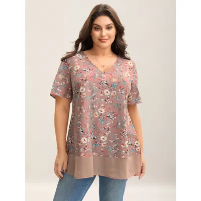 Bloomchic Women's Plus Size Garden Print Spliced V-neck Blouse Dustypink Floral Elegant Short Sleeve V-neck 10 In Pink