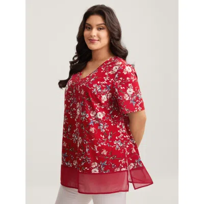 Bloomchic Women's Plus Size Garden Print Spliced V-neck Blouse Scarlet Floral Elegant Short Sleeve V-neck 10/m In Red