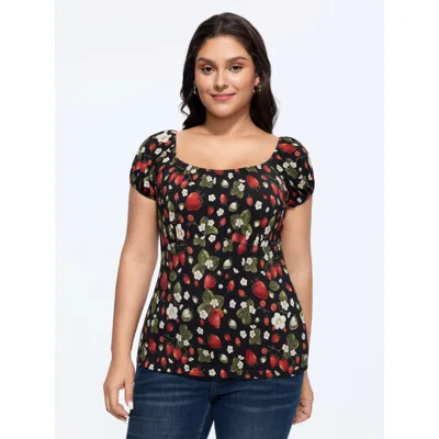 Bloomchic Women's Plus Size Garden Strawberry Print Stretchy Knit Top Black Short Sleeve Elegant U-neck 12/l