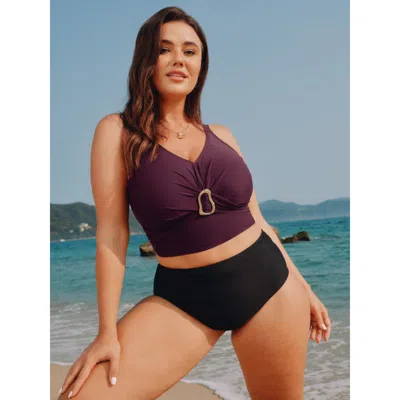 Bloomchic Women's Plus Size Gathered Metal Buckle Detail Bikini Top Plum Solid Sleeveless Non Adjustable Strap In Purple