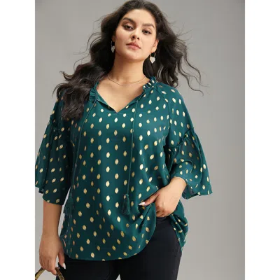 Bloomchic Women's Plus Size Geo Glitter Tassels Ties Blouse Cyan Going Out 3/4 Sleeve 10/m In Blue