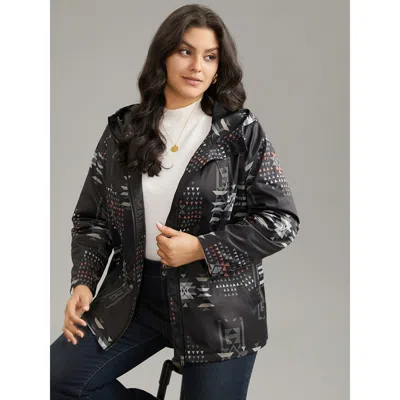 Bloomchic Women's Plus Size Geo Graphic Hooded Pocket Zipper Fly Coat Black Printed 12/l