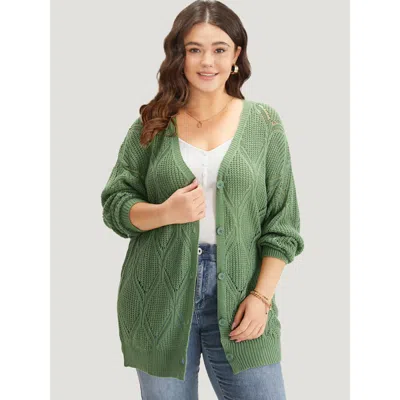 Bloomchic Women's Plus Size Geo Plisse Button Through Elastic Cuffs Cardigan Green Long Sleeve 18-20/2x